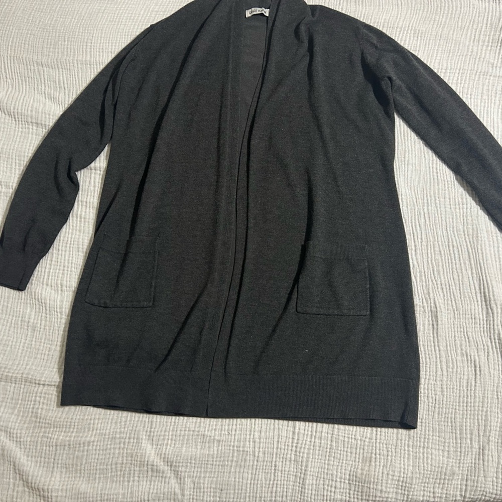 Grace Karin Black Open-Front Long Cardigan with Pockets